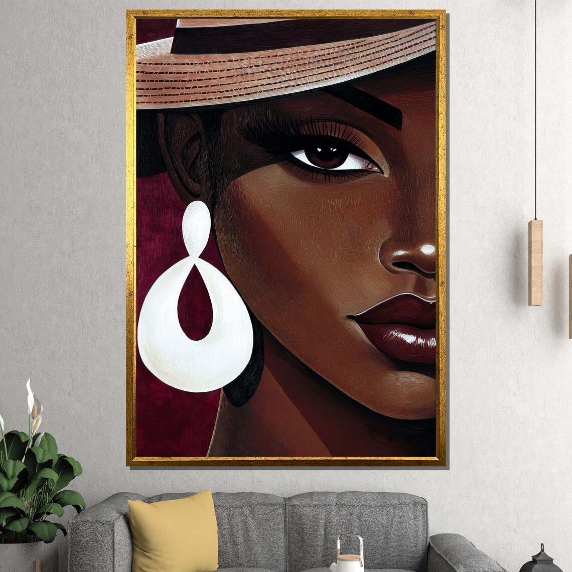 Glamorous Woman in Straw Hat With White Sculptural Earring Art Poster