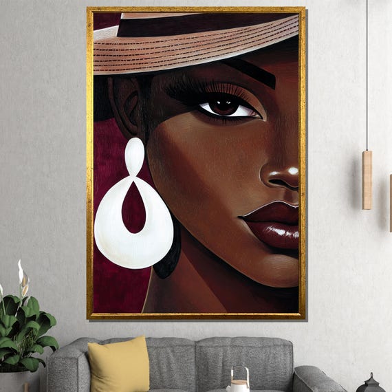 Bold Woman Portrait With Hat And Earrings Modern Painting Unique Wall Art Gift For Living Room Bedroom Or Office