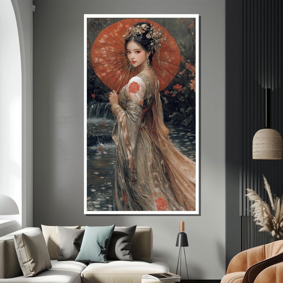 Elegant Asian Beauty With Red Parasol In Moonlit Garden Art Poster - Image 2
