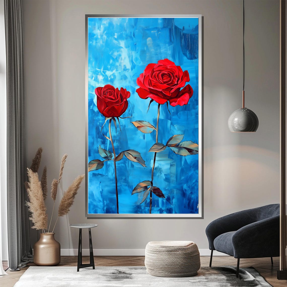 Two Tall Red Roses On Vivid Blue Painterly Floral Art Poster - Image 3