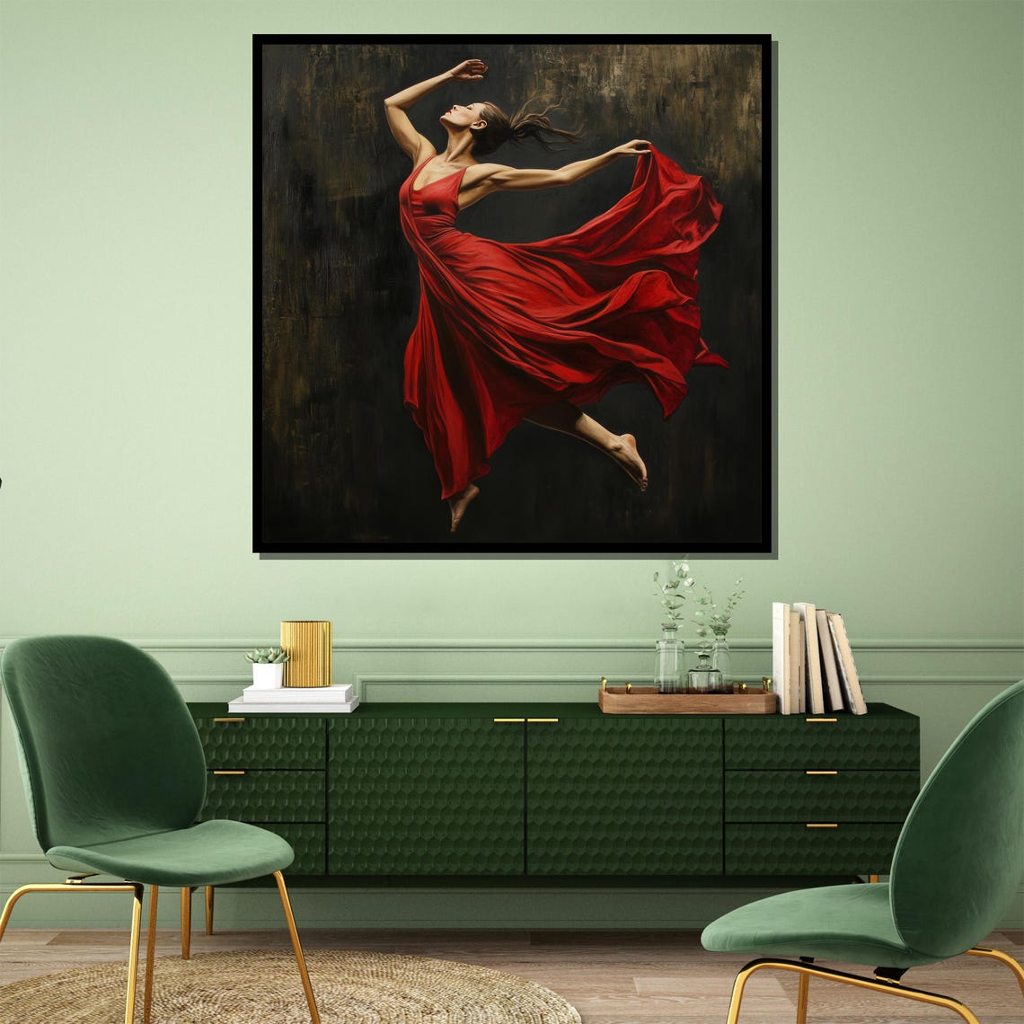 Dancer in Flowing Red Dress Leaping Across Dark Canvas Poster - Image 4