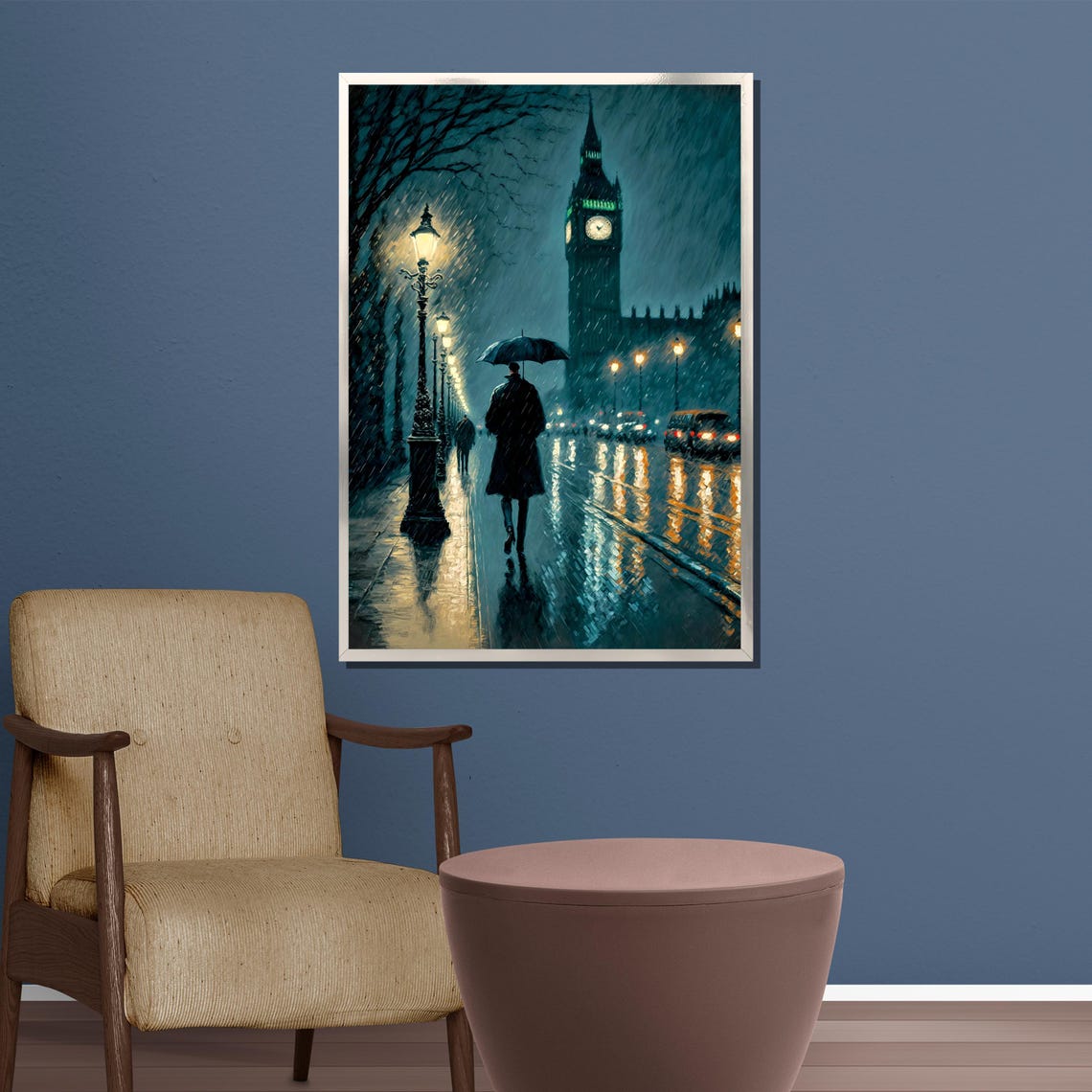 Atmospheric Rainy London Night Street Scene With Big Ben Poster - Image 4