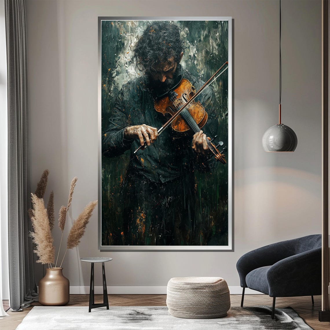 Moody Violinist Lost in Music Dark Green Expressive Oil Art Poster - Image 3