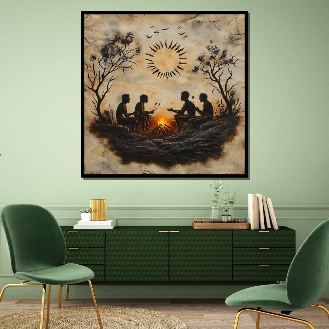 Tribal Campfire Gathering Under Radiant Sun Sepia Toned Art Poster - Image 4