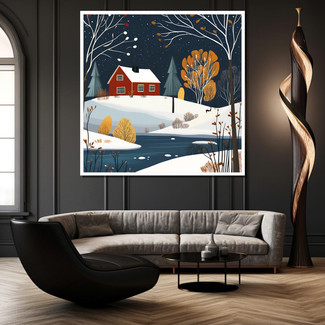 Red Barn Snowy Night Starlit Winter Landscape Scene Art Poster - Image 2