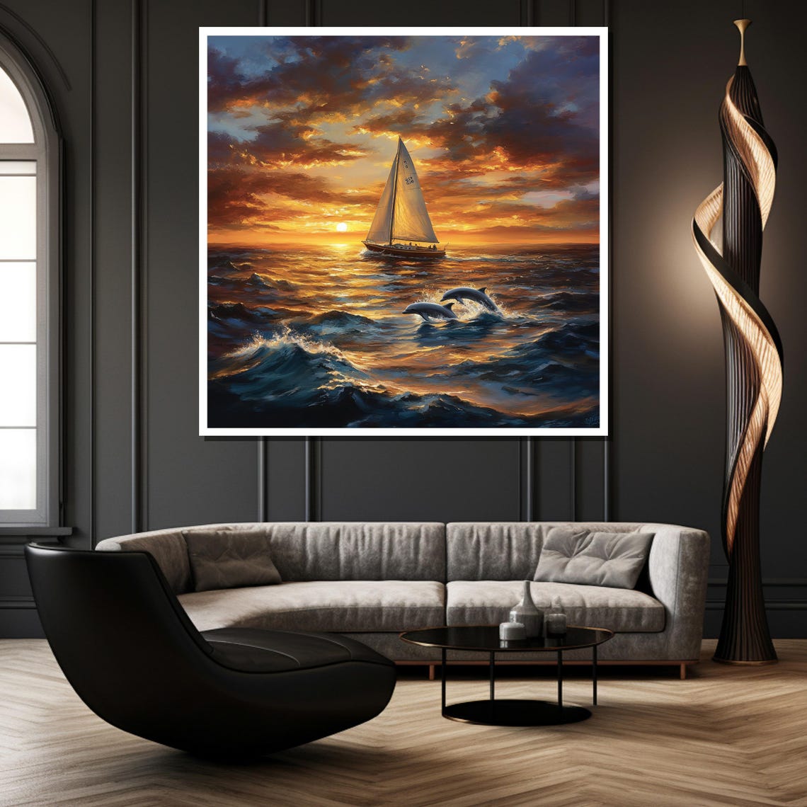 Golden Sailing Sunset With Dolphins Leaping Ocean Waves Poster - Image 2