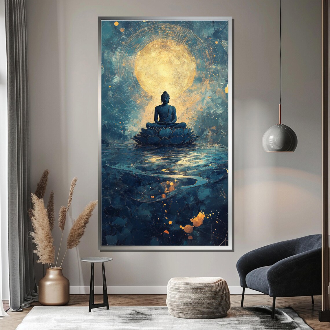 Buddha on Lotus Under a Golden Moon in a Cosmic Teal Sky Poster - Image 3