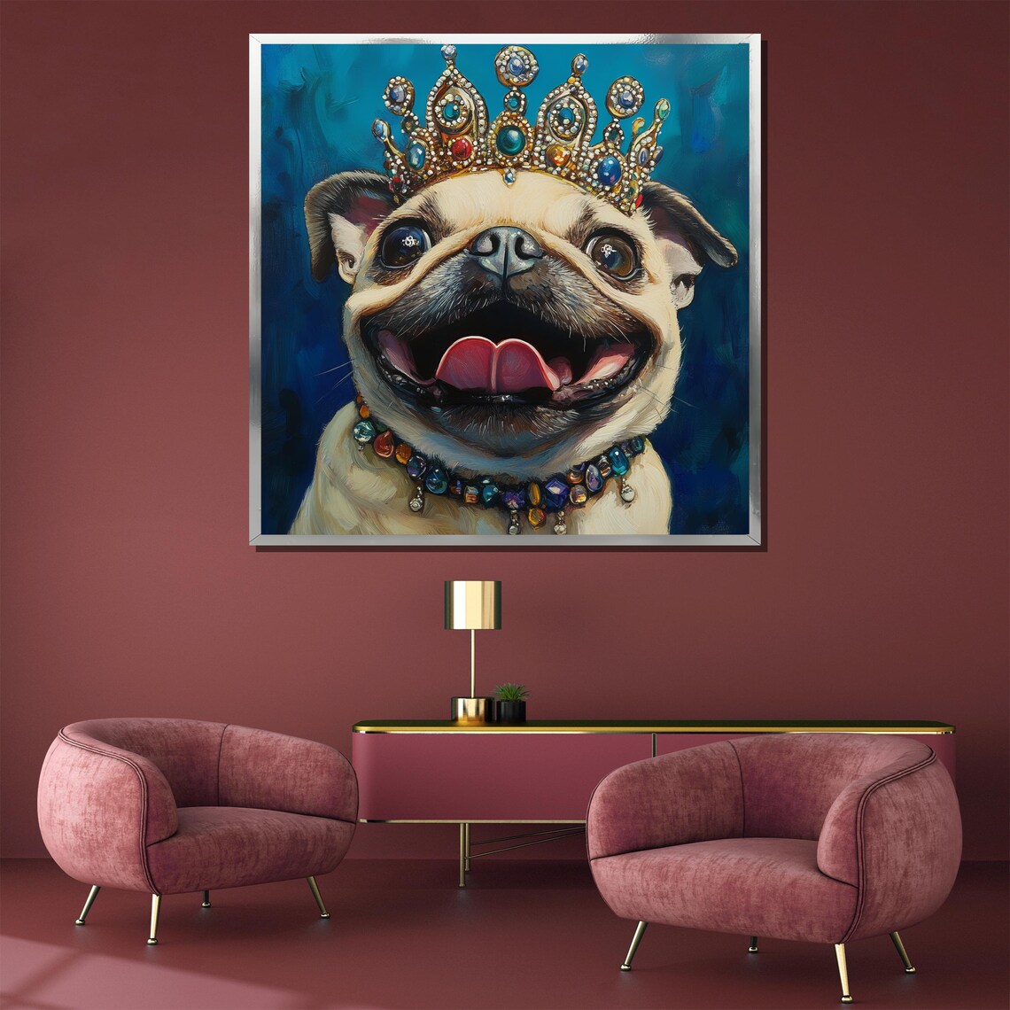 Smiling Pug Wearing a Sparkling Jeweled Crown Cute Funny Poster - Image 3