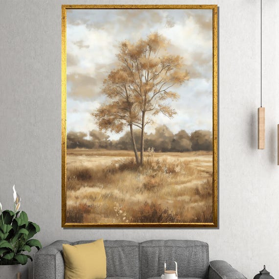 Rustic Tree Painting Neutral Landscape Wall Art Farmhouse Decor Gift For Living Room Or Office