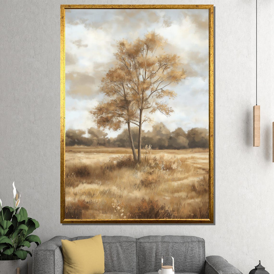Lone Rustic Tree Golden Wheat Field Neutral Farmhouse View Poster