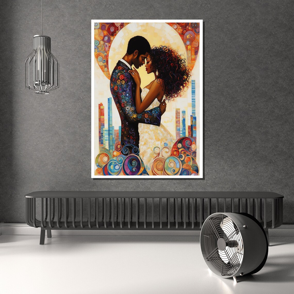 Vibrant Abstract Romantic Couple Embrace Modern City Art Poster - Image 3