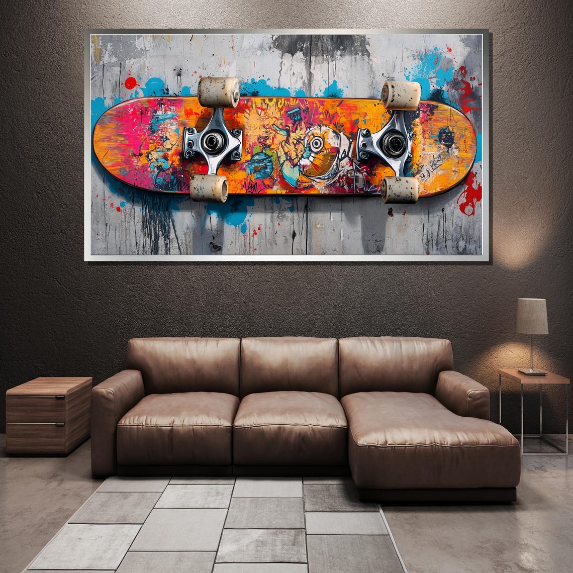 Graffiti Painted Skateboard Floating Against A Concrete Wall Poster - Image 3