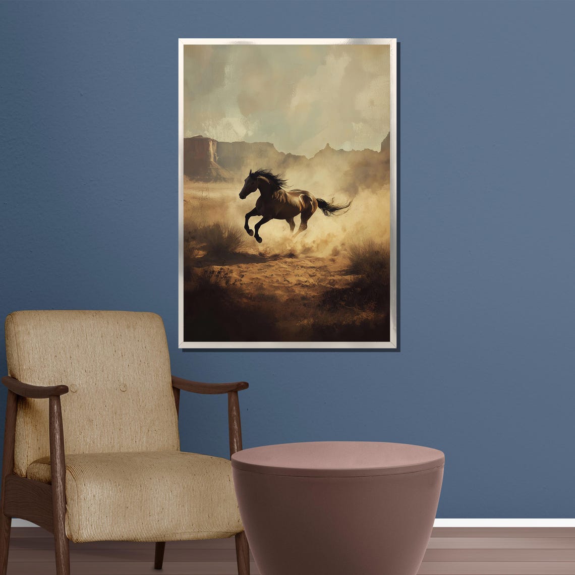 Black Horse Galloping Through Desert Dust Western Mesa Art Poster - Image 3