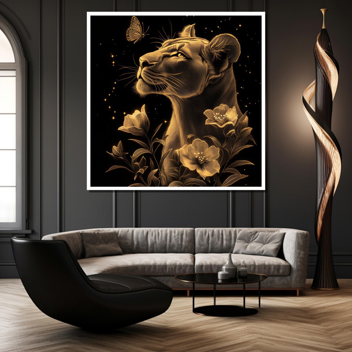 Golden Lioness Among Golden Flowers Regal Luxury Wildlife Poster - Image 2