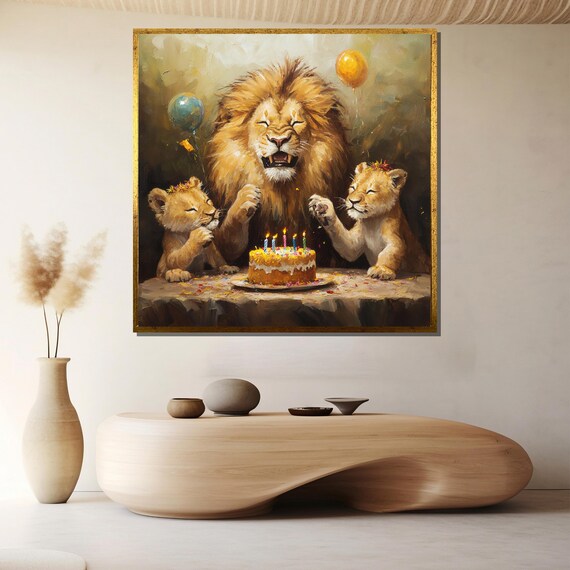 Lion Family Birthday Party Cake Balloons Cute Kids Room Poster