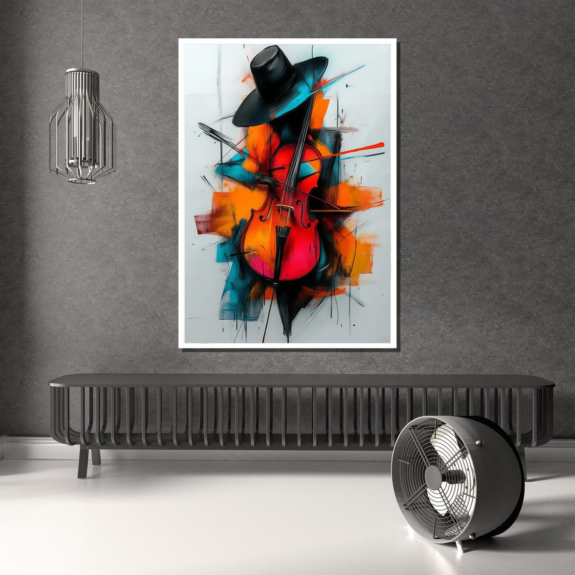 Bold Red Violin Painting With Abstract Orange and Teal Poster - Image 2