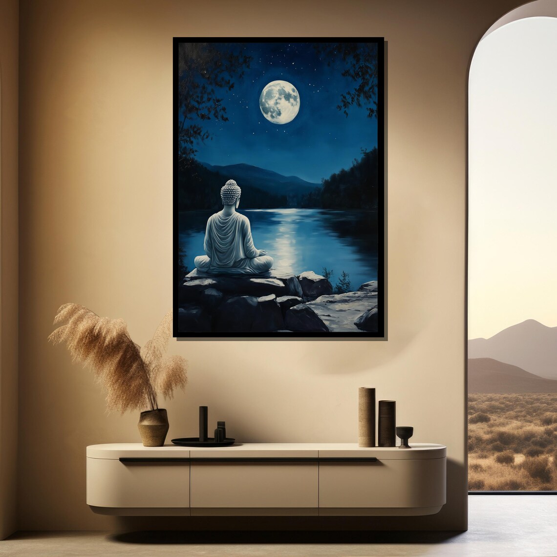 White Buddha Meditating by a Moonlit Lake Under Full Moon Poster - Image 4