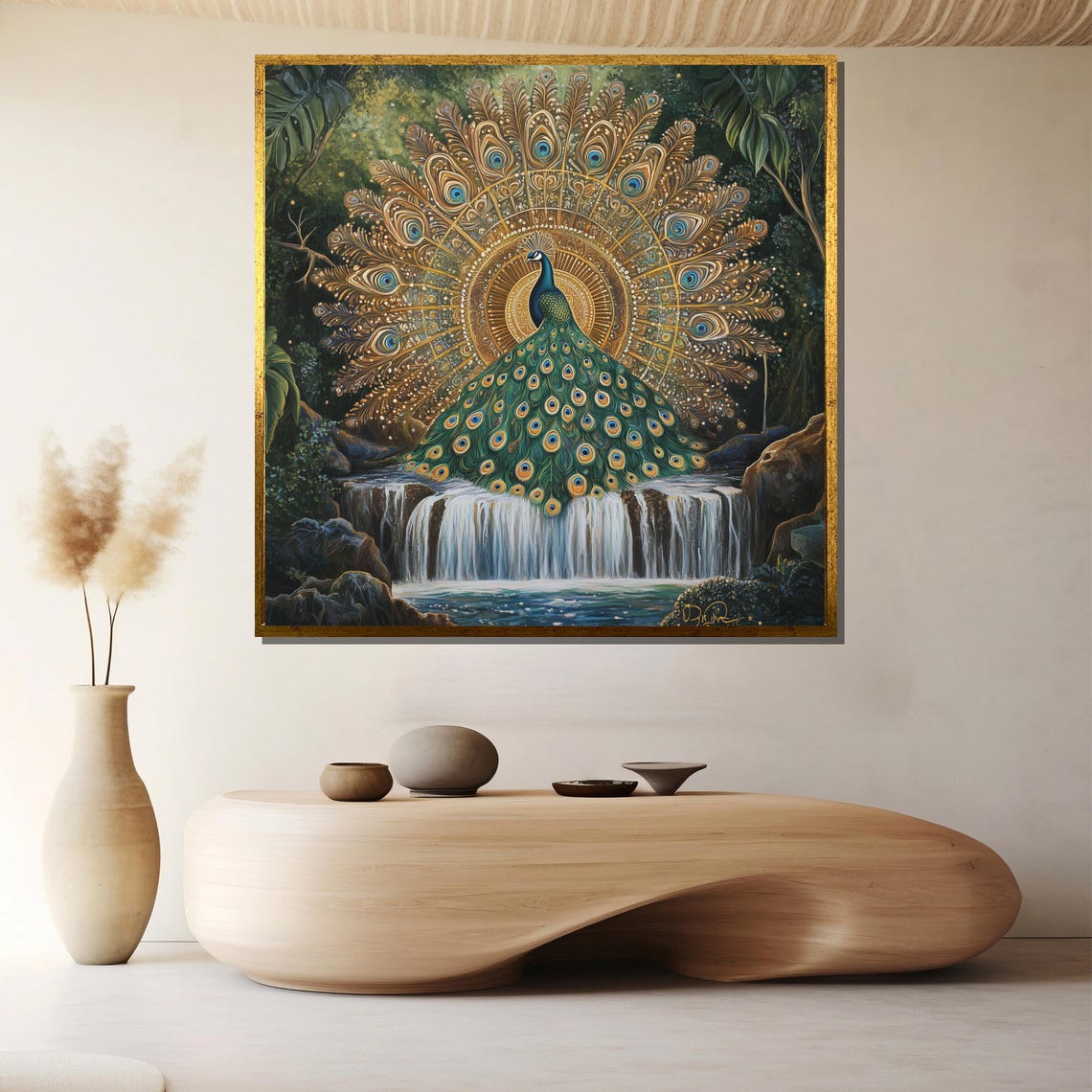 Golden Peacock Fanning Its Tail Over a Waterfall Jungle Poster