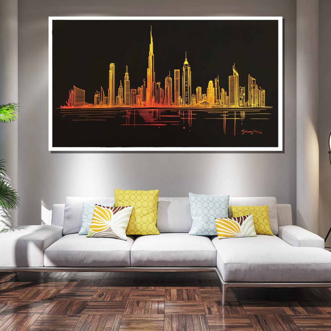 Golden Skyline Line Art Modern City Night Urban Scene Poster - Image 2