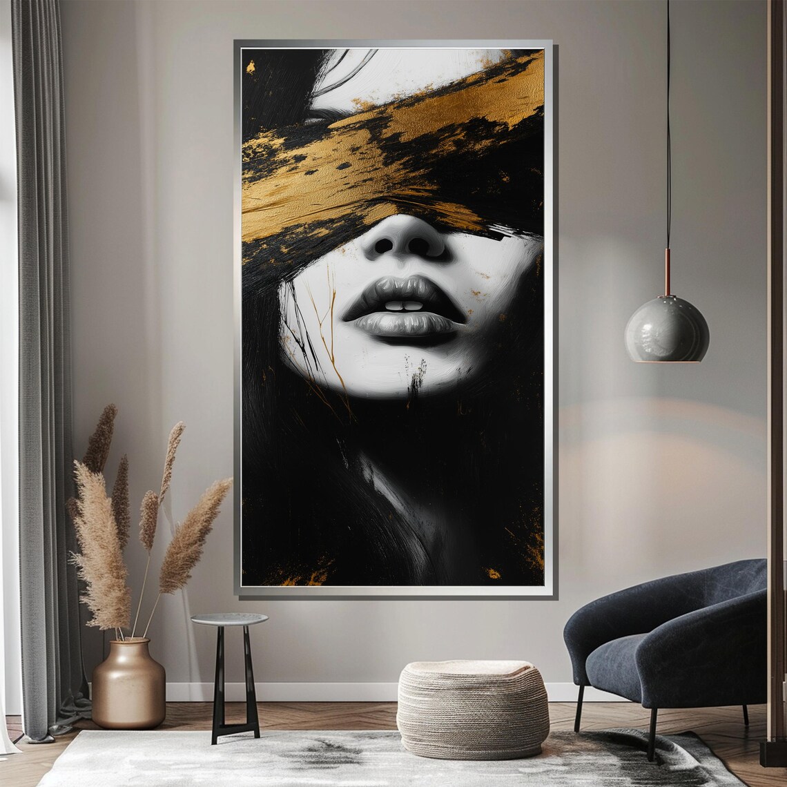 Luxury Gold Accented Modern Woman Painting Black And White Wall Art Unique Home Decor Gift For Sophisticated Spaces - Image 3
