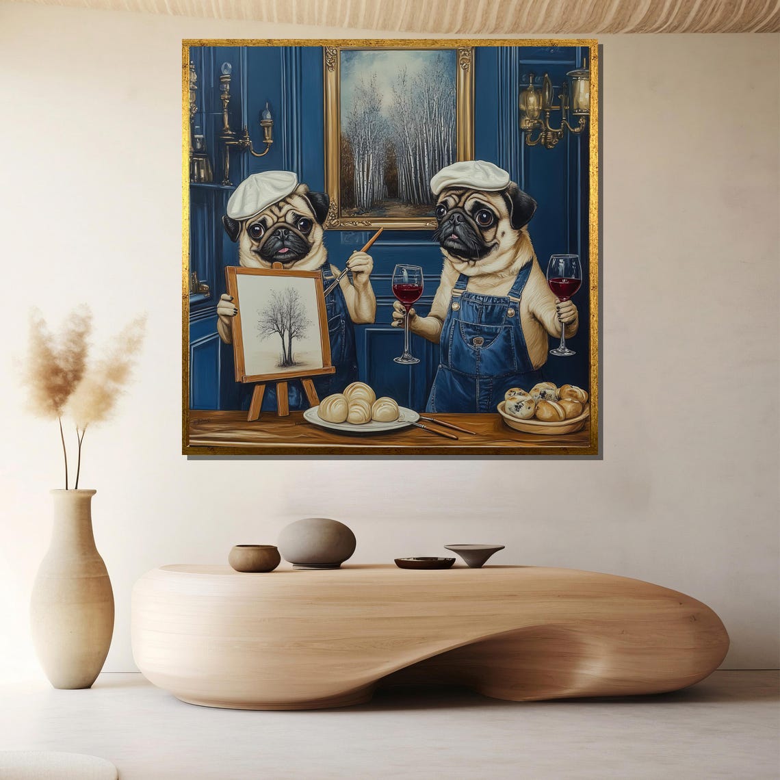 Pug Artists Painting Wine And Cheese French Studio Funny Poster