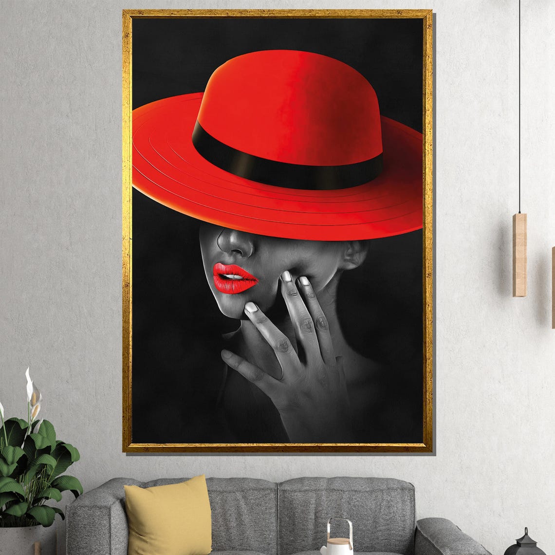 Dramatic Lady In Red Hat And Red Lips In Black Red Contrast Poster