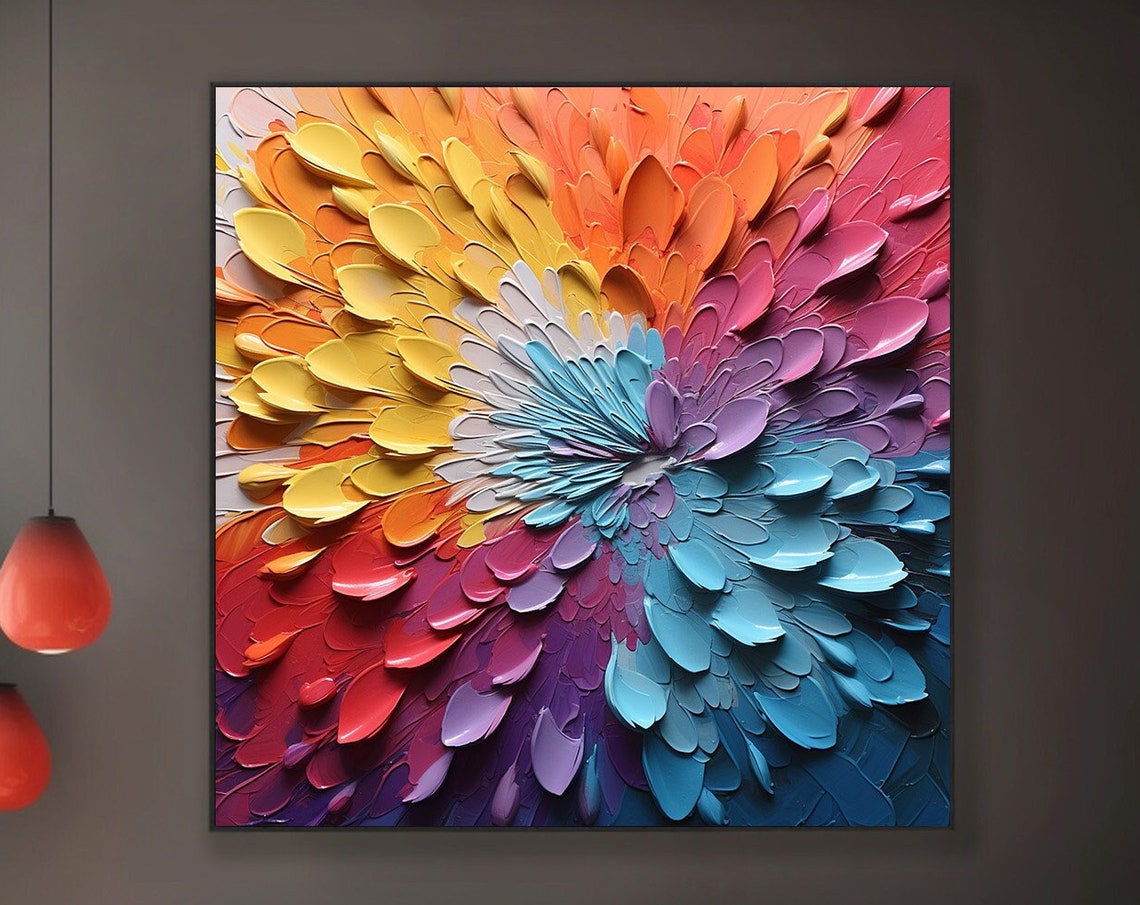 Rainbow Petal Burst 3D Palette Knife Textured Flower Abstract Poster