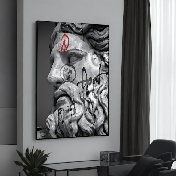 Bearded Classical Statue Graffiti Peace Sign Street Art Portrait Poster