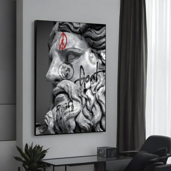 Graffiti On Bearded Classical Statue Canvas Art Banksyinspired Urban Painting Unique And Artistic Gift For Lovers