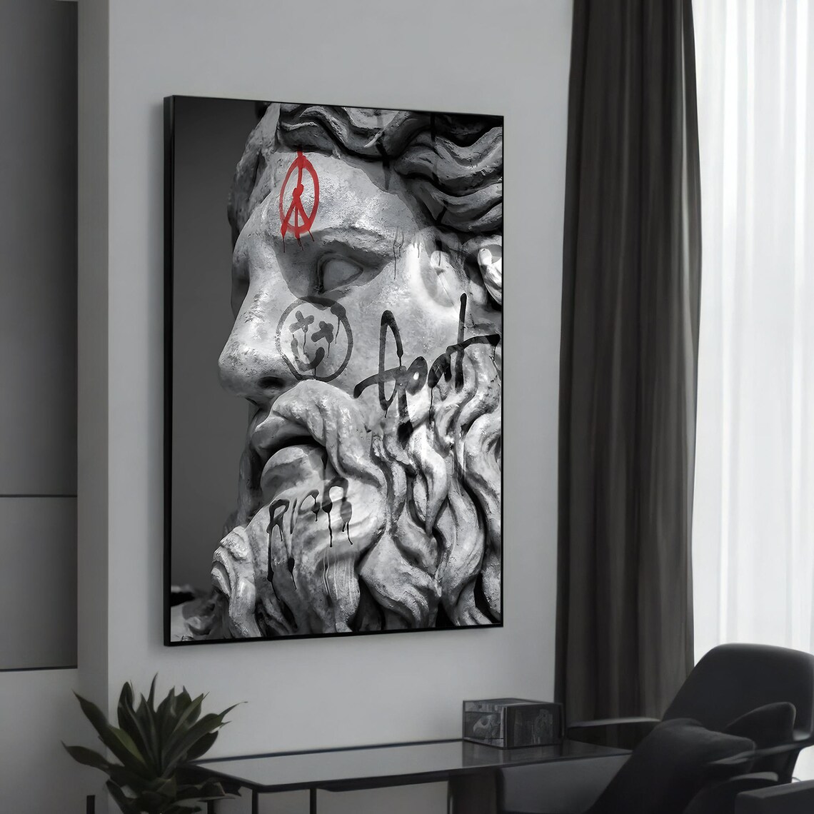 Bearded Classical Statue Graffiti Peace Sign Street Art Portrait Poster