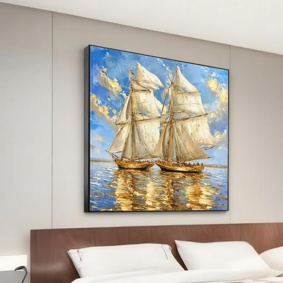 Two Sailing Ships Full Sails Golden Sea Impressionist Nautical Poster