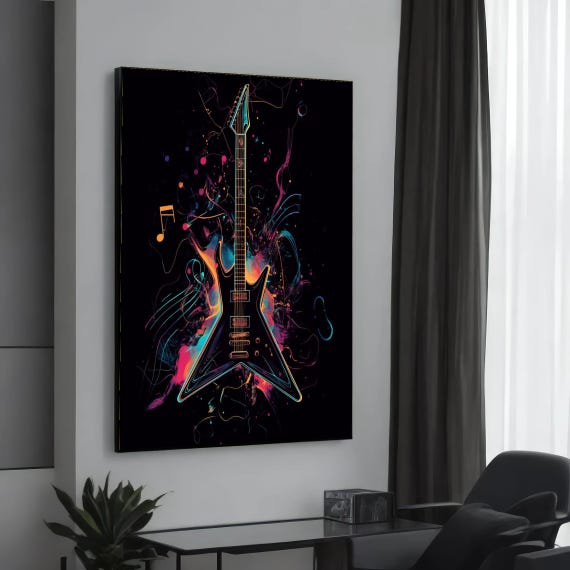 Neon Guitar Canvas Music Art Print Electric Wall Colorful Design Lovers Decor Ready To Hang Decoration