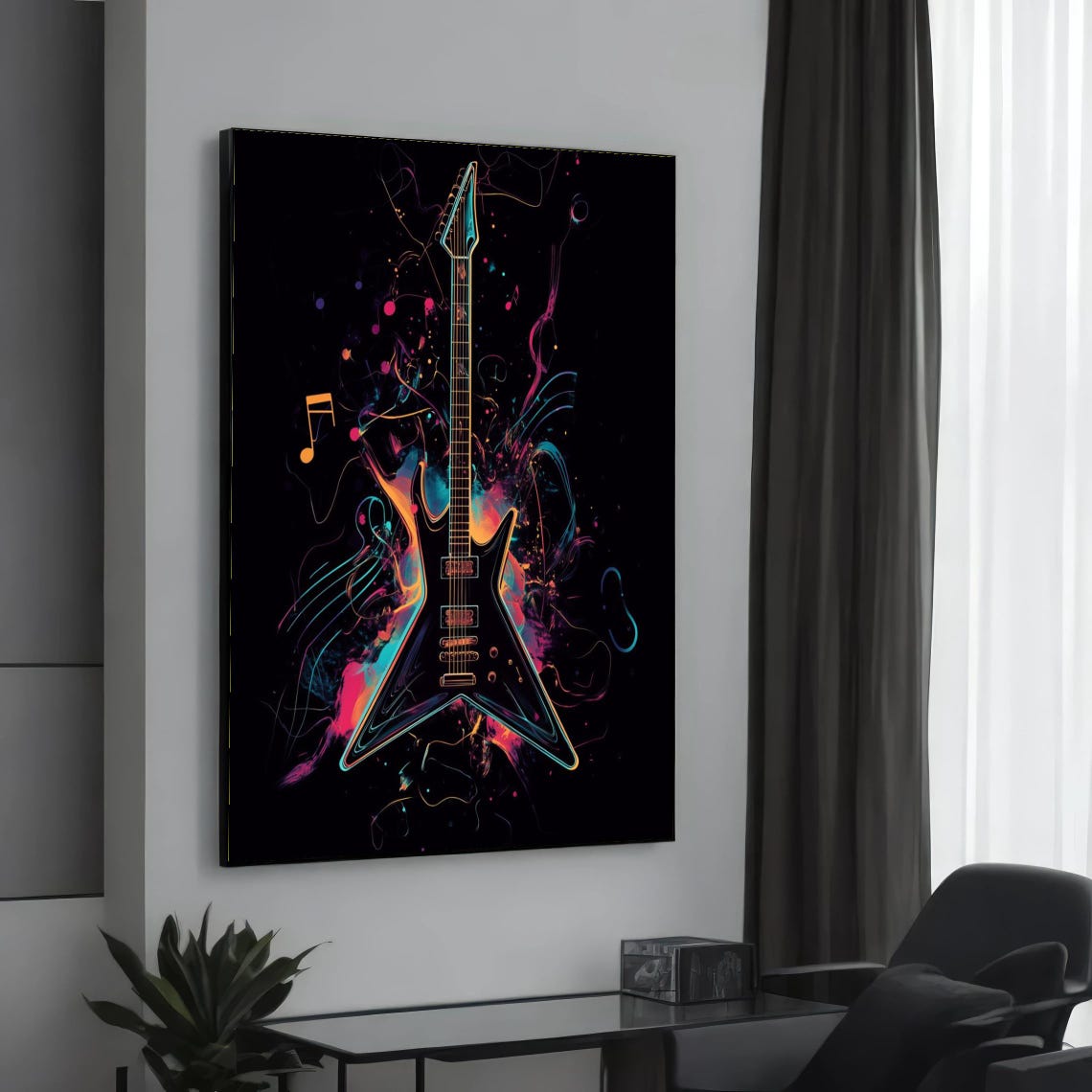 Neon Electric Guitar Colorful Smoke Splashes Black Music Poster Art