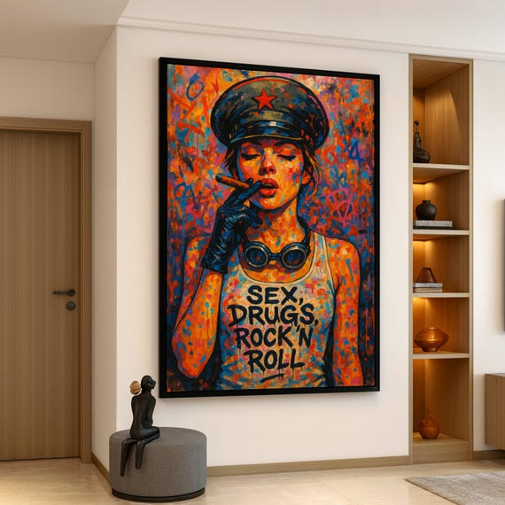 Bold Female Portrait Canvas Urban Street Art Style Rock And Roll Theme Modern Pop Vibrant Wall Decoration Statement