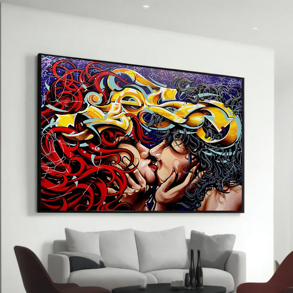 Passionate Lovers Kiss Colorful Graffiti Swirl Romantic Art Poster