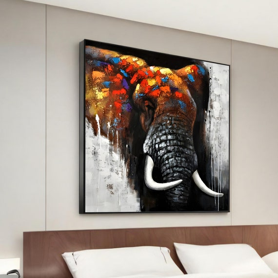 Vibrant Elephant Canvas Painting Bold Animal Art Modern Wall Decor Unique Home Decoration Ready To Hang