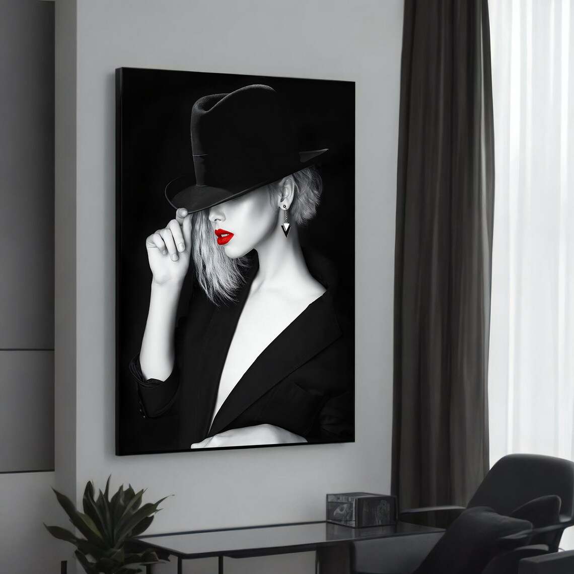 Elegant Woman Red Lips Black Hat Stylish Fashion Portrait Poster