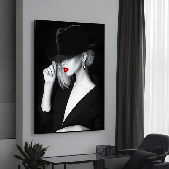 Elegant Woman With Red Lips And Black Hat Stylish Modern Canvas Painting Unique Fashion Art For Contemporary Wall Decor