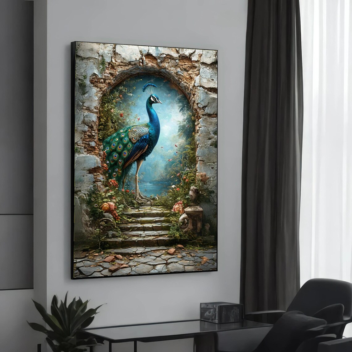 Majestic Peacock Stone Arch Garden Ruin Elegant Bird Wall Art