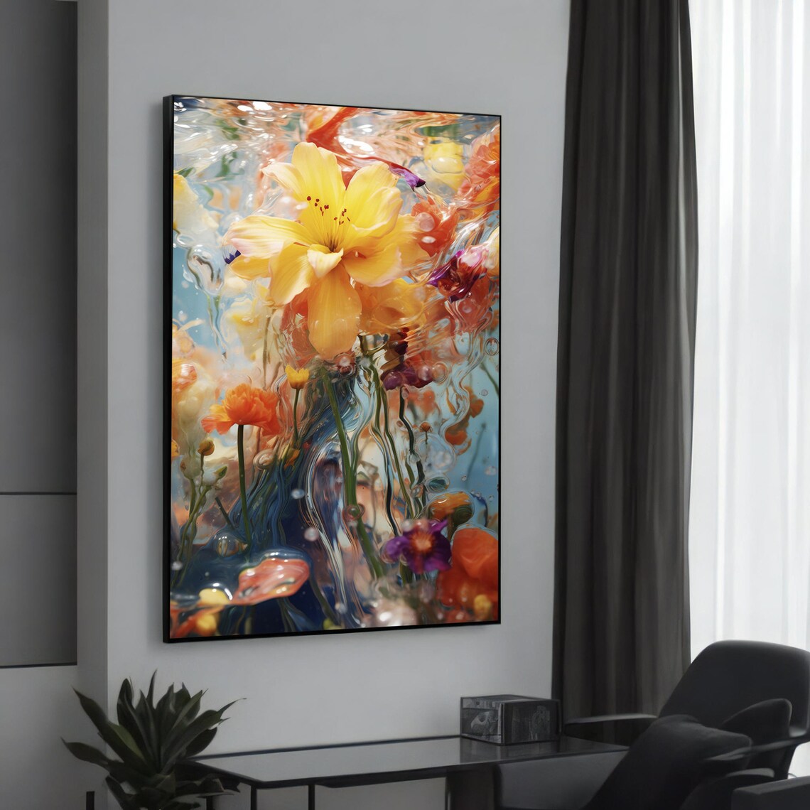 Yellow Lily Flowers Underwater Dreamy Rippling Water Floral Art Poster