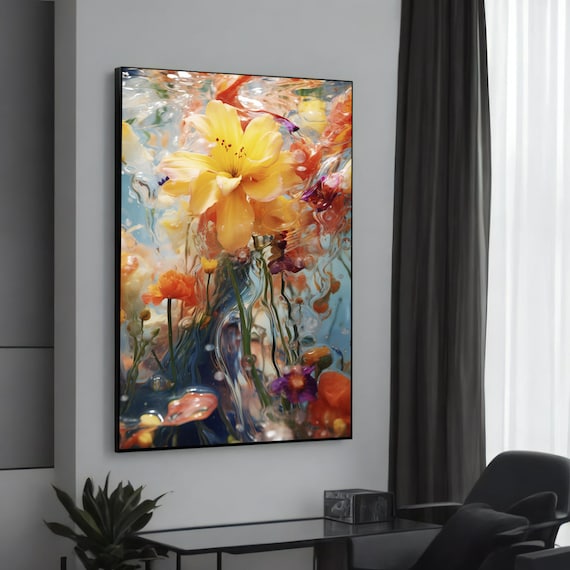 Yellow Lily Flowers Underwater Dreamy Rippling Water Floral Art Poster
