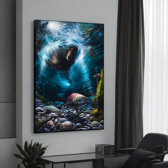Underwater Bear And Fish Canvas Painting Stunning Wildlife Art Aquatic Nature Decor Modern Wall For Enthusiasts