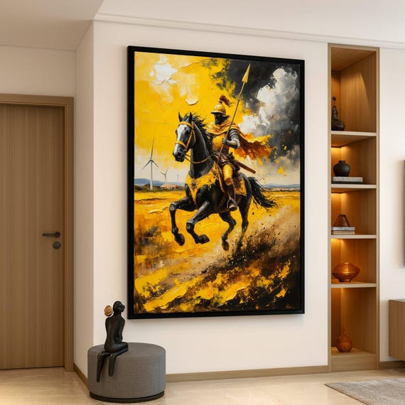 Bold Knight On Black Horse Canvas Medieval Warrior Art Yellow And Abstract Painting Dynamic Equestrian Wall Decor Home Accent