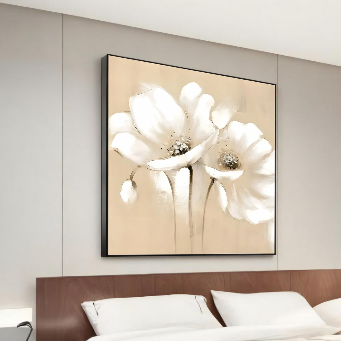 Soft Beige And White Flower Art Print, Floral Decor