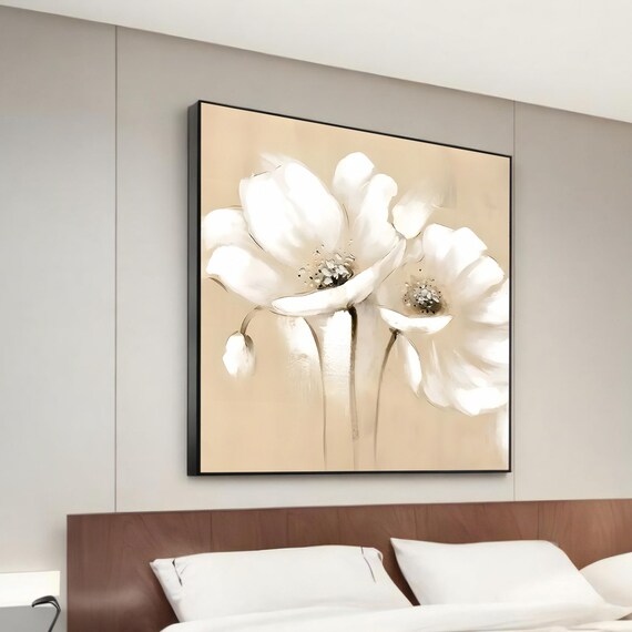 Soft Beige And White Flower Art Print, Floral Decor