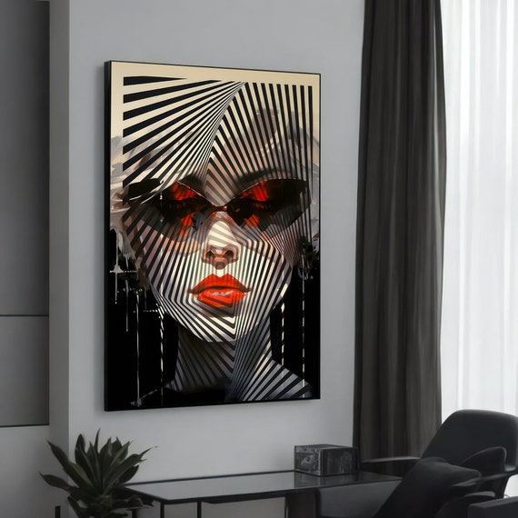 Striking Modern Portrait Canvas Painting Abstract Art With Red And Black Stripes Bold Wall Gift Contemporary Decor