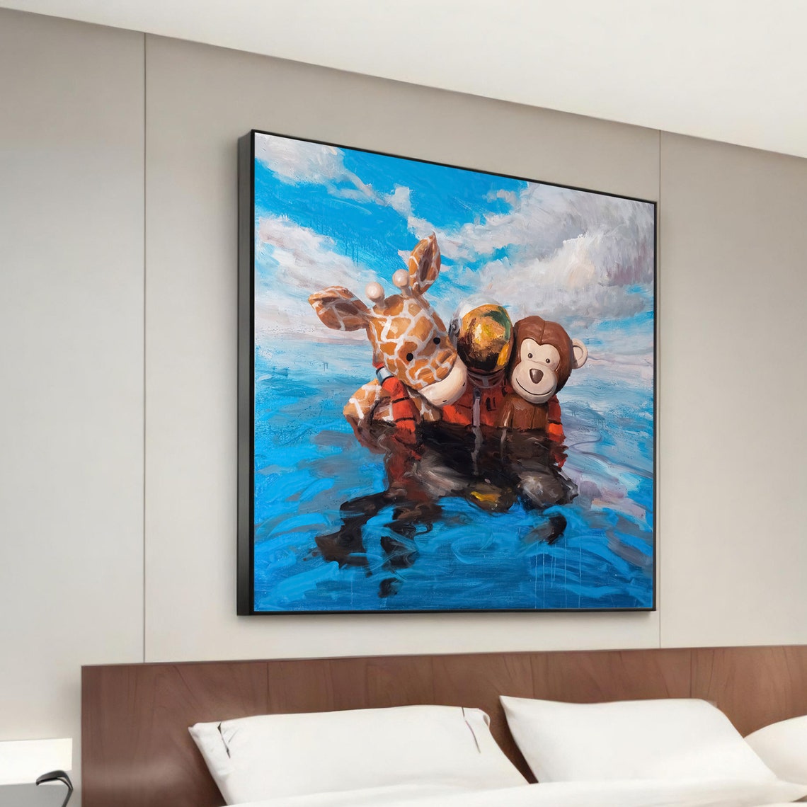 Playful Exploration Modern Canvas Painting Of Astronaut With Giraffe And Monkey Floats Unique Whimsical Wall Art Gift