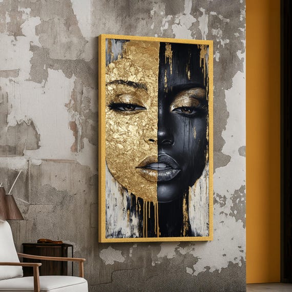 Dual Tone Face Abstract Canvas Gold And Black Wall Art Modern Portrait Textured Mixed Media Design Contemporary Home Decoration