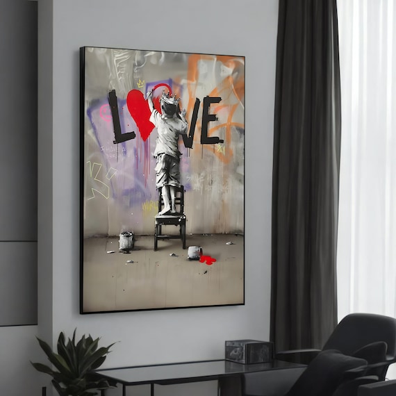 Child Painting Love Graffiti Red Heart Banksy Inspired Art Poster