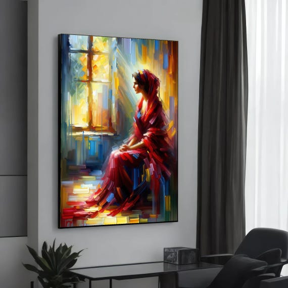Serene Woman Canvas Colorful Portrait Art Abstract Lady By Window Wall Design Ready To Hang Decoration
